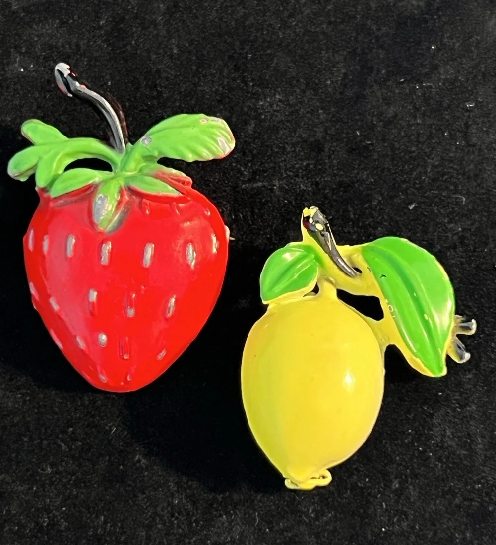 MCM Assorted Fruit Strawberry & Lemon Enamel Brooch Lot 2 Colorful Novelty